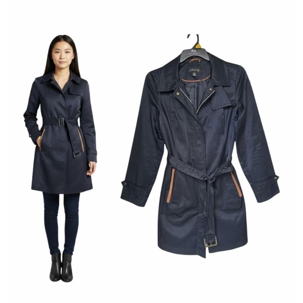⭐Jones New York Womens Navy Blue Mid Length Belted Trench Coat Jacket Sz M Satin